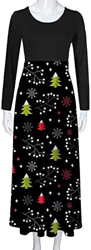 Império Feminino Cantura Maxi Dress Impressão de Natal Retalhada de retalhos confortável vestido de coquetel macio de ajuste de manga longa vestidos clássicos