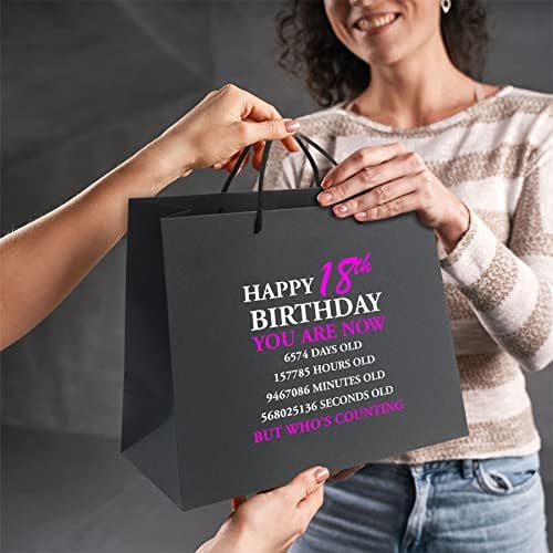 Sacos de presente de 18º aniversário - Papel preto com alças de corda - Bolsa de presente grande e ecológica - contagem - rosa