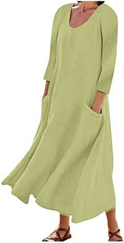 Moda feminina Shusuen Casual Cor Solid Color 3/4 Manga Dressão de bolso de linho de algodão