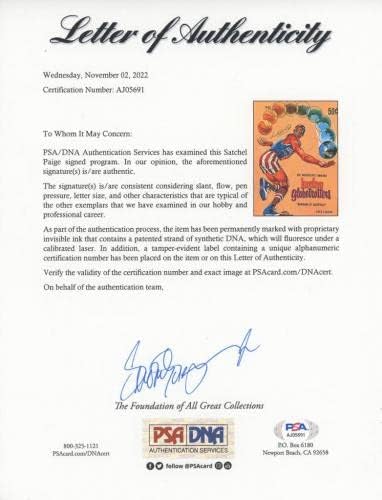 Satchel Paige assinou o programa Harlem Globetrotters. PSA Authentic - Revistas MLB autografadas
