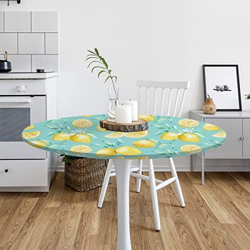 Toca de mesa de limão limão bárdico redondo com lenços elásticos, limpeza de lenços de folhas Tampa de mesa para pátio interno externo - se encaixa nas tabelas 45 a 56 de diâmetro