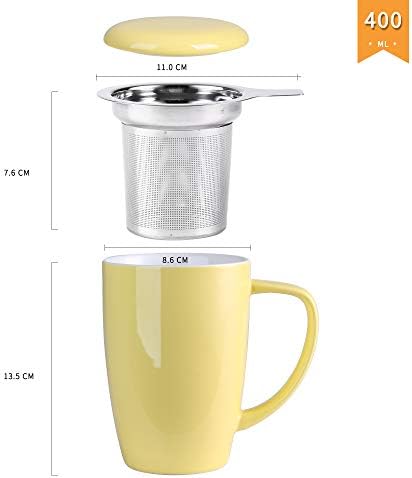 Lovecasa 15 oz de chá com infusser e tampa, caneca infusor de chá com alça de cerâmica com filtro para chá, leite, café, infusadores de chá de folhas soltas, amarelo