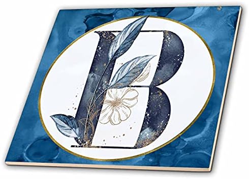 Monograma 3drose B Blue Imagem da imagem em aquarela de folhas de ouro - azulejos