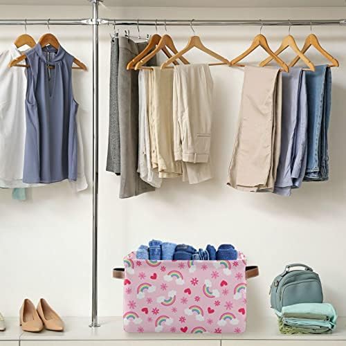 Cestas de armazenamento de prateleira de arco -íris rosa Kigai, caixas de armazenamento de tecido dobrável com alças de couro para organizar roupas, brinquedos, toalhas, quarto, banheiro, berçário, escritório