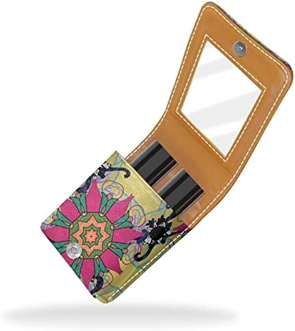 Mini estojo de batom com espelho para bolsa, flores ornamentam zentangle textura portátil titular organização