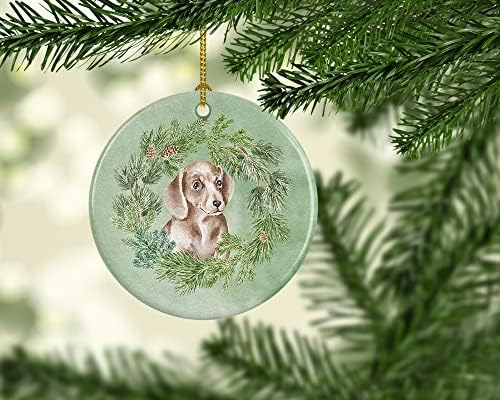 Tesouros de Caroline CK8828CO1 Dachshund Red Puppy Christmas Wreath Ceramic Ornament, Decorações de árvores de Natal, ornamento