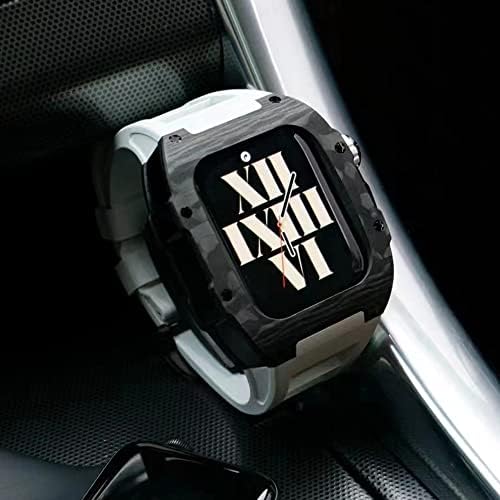 Caixa de fibra de carbono Kanuz Luxury Strap para Apple Watch 8 7 45mm Capa de banda Fluorine Rubber Mod Kit para Iwatch 6 5 4 Se 44mm Bracelete