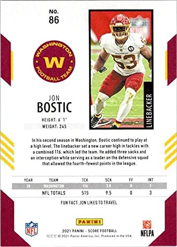 2021 Pontuação 86 Jon Bostic Washington Football Team NFL Football Trading Card