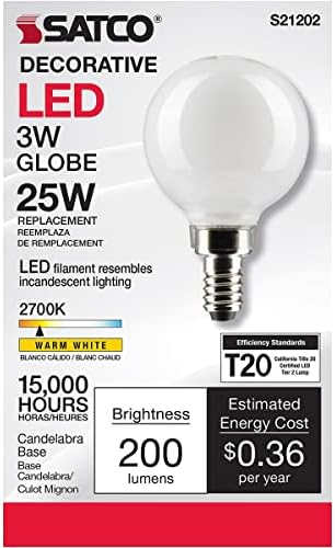 Lâmpada E12 LED de 3 watts SATCO, 2700K, 15000 horas Classificação, Dimmable
