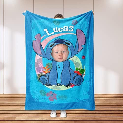 Angeline Kids USD fez cobertor de bebê personalizado para meninos, desenho azul personalizado Presentes de cobertor, cobertor de bebê com foto de rosto Minky 30x40