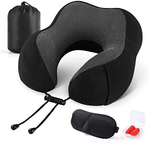 EMGTHTE PROFRILHO DE VIAGEM Pillow de espuma de memória, travesseiro de viagem para avião, travesseiro de suporte de pescoço e cabeça para carro e descanso para dormir, Kit de travesseiros de pescoço com bolsa de armazenamento, máscara de sono e tampões para os ouvidos pretos