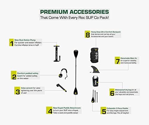 ROC Inflável Stand-Up Paddle Paddle com acessórios premium de tábua de pás, design amplo estável, deck de conforto não deslizamento