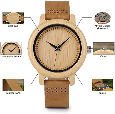 Bobo Bird Men's Men's Bamboo Wooden Watch With Brown Cowide Leather Strap Analog Quartz Casual Relógios