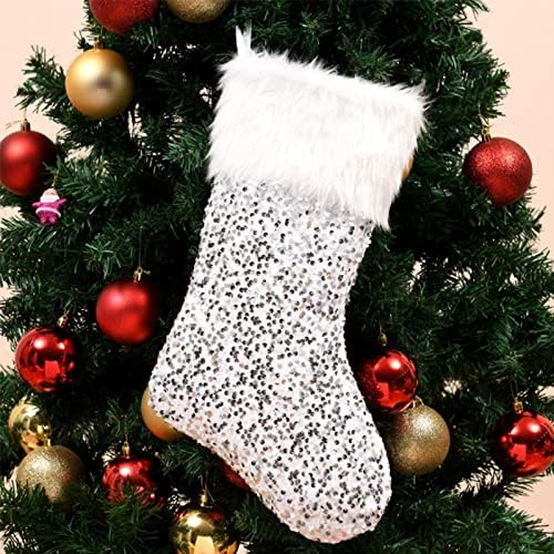 Weimay 4 PCs meias de Natal, lantejoulas de lantejoulas de borda branca de Natal Decoração Decoração da Decoração da Decoração