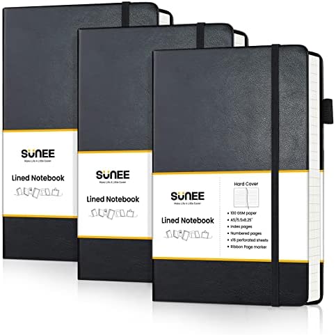 Cadernos de diário de junção alinhados do Sunee - 6 pacote de notebooks de capa dura média a5 160 páginas 5.5x8,25 polegadas de 100gsm de papel de espessura