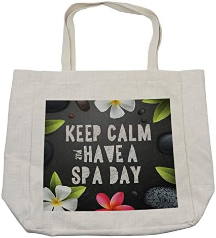 Bolsa de compras de paz de Ambesonne, mantenha calma ter um spa Palavras de beleza Tratamento com tema Flores de pedras gráficas, bolsa reutilizável ecológica para a praia de mantimentos e mais, 15,5 x 14,5, multicolor