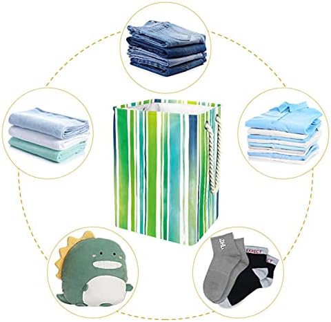 Aquarela listras verdes azuis grandes cestos de roupa de lavanderia com maçaneta de transporte fácil, cesta de lavanderia dobrável