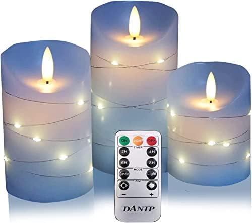 Danip Sky Blue LED vela sem chamas, com corda estrela incorporada, conjunto de velas de LED de 3 peças, com controle remoto