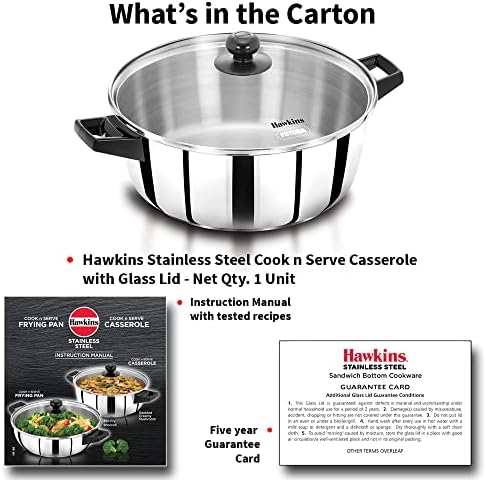 Hawkins 5 litros Cook n Servi uma caçarola, panela de aço inoxidável com tampa de vidro, panela de indução, molho para cozinhar e servir,