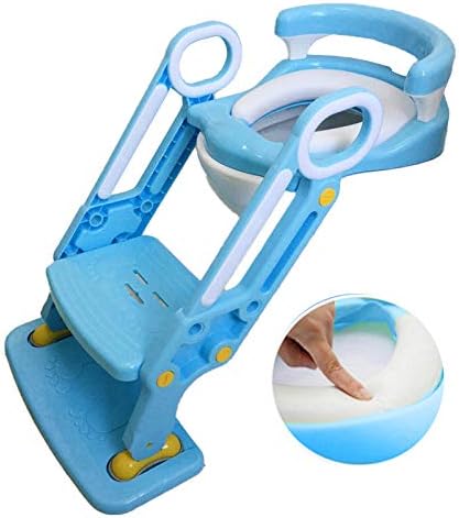 Rails Blue Potty com tampa com revestimento de potty ajustável no encosto com fezes de passo, até 75 kg, etapa do penico para crianças e segurança e conforto
