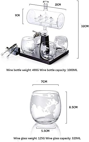 Whisky Decantador Plant Selekboat Decanter Whisky Bottle com 4 óculos de uísque de globo gravados e moldura de madeira maciça,