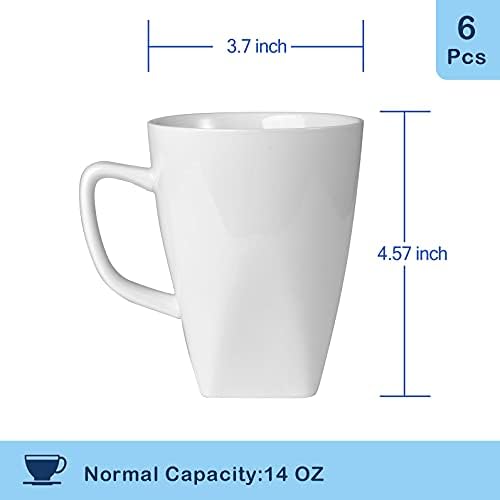 Conjunto de café de porcelana Miicol, xícaras de cerâmica branca para chá, leite, cacau, fundo quadrado, 14 onças, lava -louças e cofre de microondas, conjunto de 6