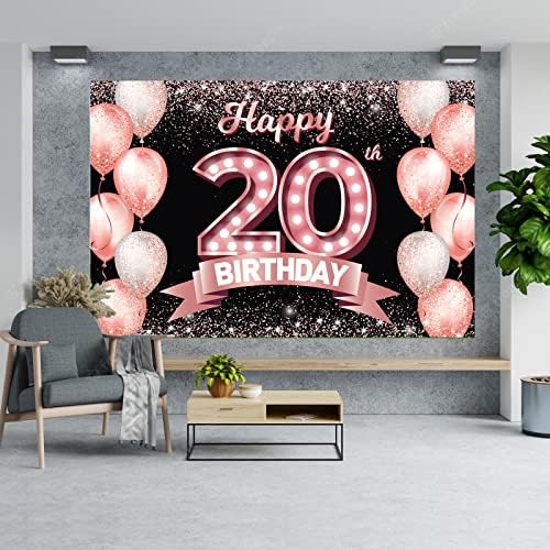 Feliz aniversário de 20 anos Banner Rose Gold Banddrop Cheers a 20 anos de idade, decoração de decoração de temas de