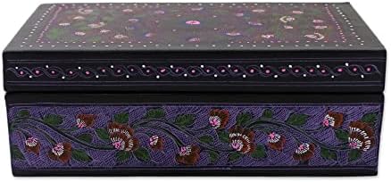 NOVICA Caixa de laca de madeira decorativa, fantasia roxa, floral '