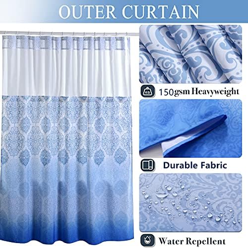 Yokii 2 em 1 ombre Blue Damask Fabric Curtain com revestimento de encaixe/off/off e painel superior, BOHO PAISLEY HOTEL BAVILHO