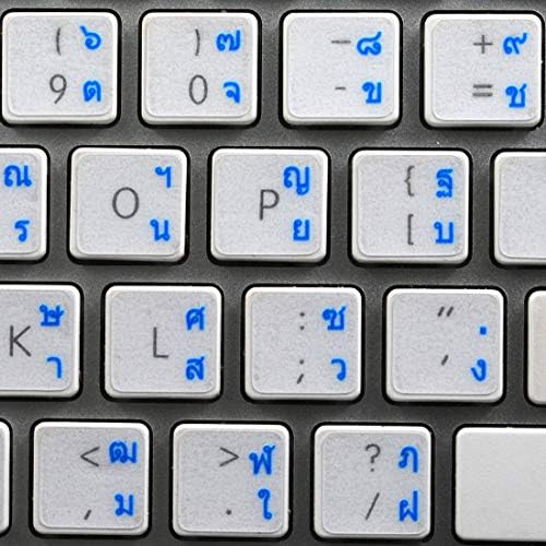 Layout de etiquetas de teclado tailandês com letras azuis, laranja, vermelhas ou brancas sobre fundo transparente para desktop, laptop