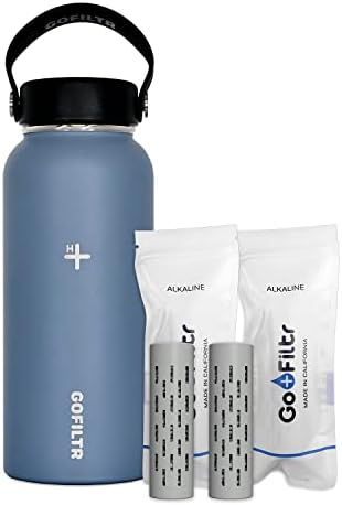 Garrafa de água do Gofiltr + 2 alcalinos 9,5 Infusores de pH - 1500 recargas, jarro esportivo, aço inoxidável isolado a vácuo, boca