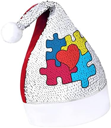 Consciência do autismo Coração Puzzle Funnic Chattle Hat de lantejoulas Papai Noel Hats para homens Mulheres Decorações de festas de férias de Natal