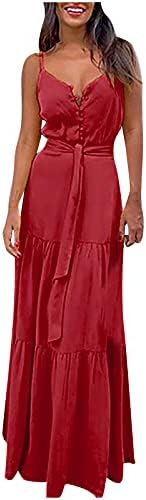 Ticcoy Casual Spaghetti Strap Vestido Longo para Mulheres Backless Liep V Neck Sundress vestidos maxi sólidos com cinto