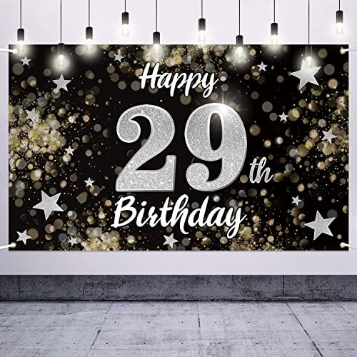 Nelbiirth feliz 29º aniversário Black & Silver Star Banner grande - Cheers a 29 anos de idade, pano de fundo de parede de parede, decoração de festas de 29 anos.