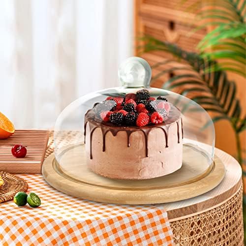 Placa de bolo de bambu de 11 polegadas com tampa de cúpula de vidro de 10 polegadas, placa de exibição de cupcakes de rotação anmeish com tampa, suporte para bolo com base de plataforma giratória