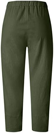 Calças de linho de algodão Capri para mulheres Calças Capri Casual Casual com bolsos Alta cintura Calças de leão de dente de