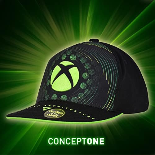 Conceito One Microsoft Xbox Baseball Hat, brilho no skatista escuro Tampa de snapback adulto com borda plana, verde/preto, um
