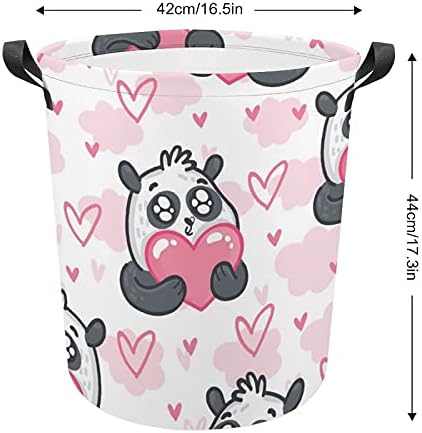 Bolsa de lavanderia de padrão de amor de panda fofa com alças cesto de armazenamento à prova d'água redonda dobrável 16,5 x 17,3 polegadas