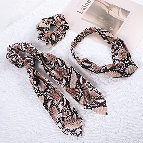 Acessórios para cabelos impressos de cobra elástica banda de cabelo cruzada larga bandana torcida scrunchies longos lenço de cabelo gravata grande animal cena de cobra scrunchy ponytail stail short cofter for women meninas marrom