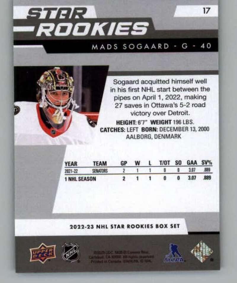 2022-23 estrela de estrela do convés superior #17 Mads Sogaard Ottawa Senadores RC ROOKIE NHL HOCKEY Trading Card