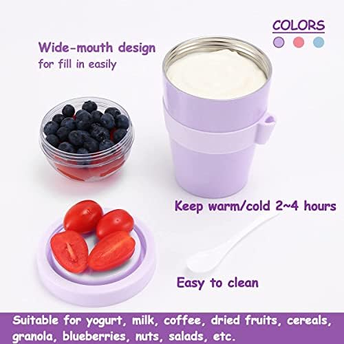 Recipiente de iogurte isolado da roda com tampa, copos de parfait de aço inoxidável à prova de vazamento com tampas e colher de plástico