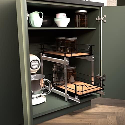 Livre Living Living Pull Organizador do armário de cozinha com dois níveis de armazenamento, 12 ”W x 20” D, preto fosco com acabamento em madeira marrom escura, coleção virtuosa