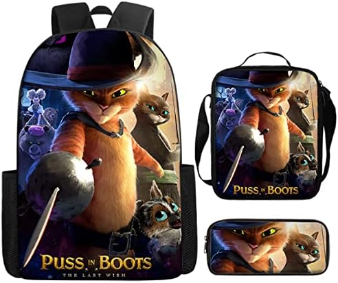 Idyma Kids Puss in Boots Backpack Boys Puss 3 Piece 3d desenho animado de desenho animado Backpack Backpack Back Bag Daypack