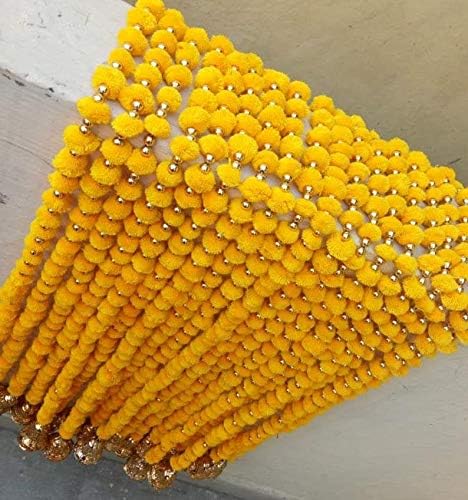 Archedecor Amarelo 20 PCs Indian Woolen Marigold Garlands com Jingle Bells 5 pés Flower Mehendi, Casa, Templo, Casamento, Decoração