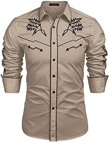 Coofandy Men's Western Cowboy camisa bordada de manga comprida Botão casual para baixo camisa