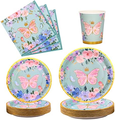 GudVilla 200pcs Butterfly Birthday Party Supplies-Butterfly Decorações de festas temáticas Conjunto de placas de borboleta