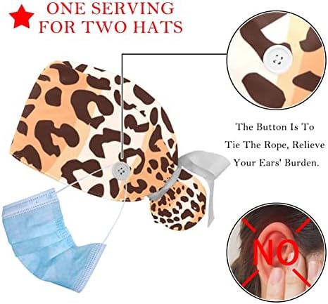 2 Pacote de tampas de trabalho com botão, padrão de leopardo Bouffant Hats Mulheres Cabelo Longo