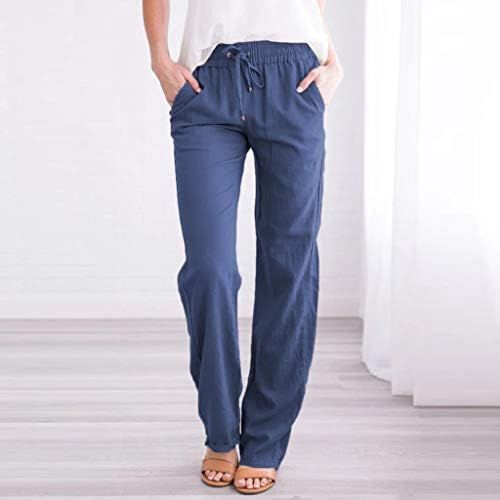 Pontas retas da cintura calça de calça sólida e elástica casual calça longa D-Blue