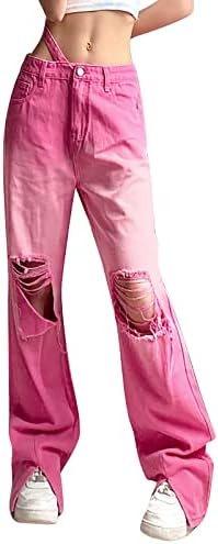 Miashui Mulheres Jean Stretch Women Casual gradiente frouxo Rapped Button Zipper Pocket Straight Womens Streling Straight