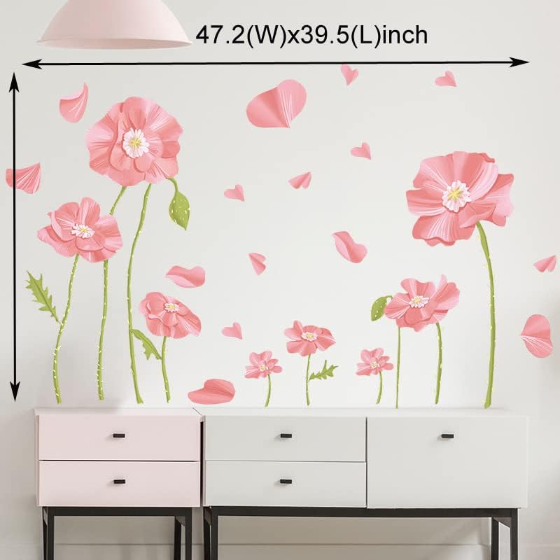 Pinenjoy Pink Flower Wall Decals de parede fresco Adesivo de parede floral 47x29inCh Murais removíveis de parede de vinil auto-adesivos para meninas quarto de estar de sala